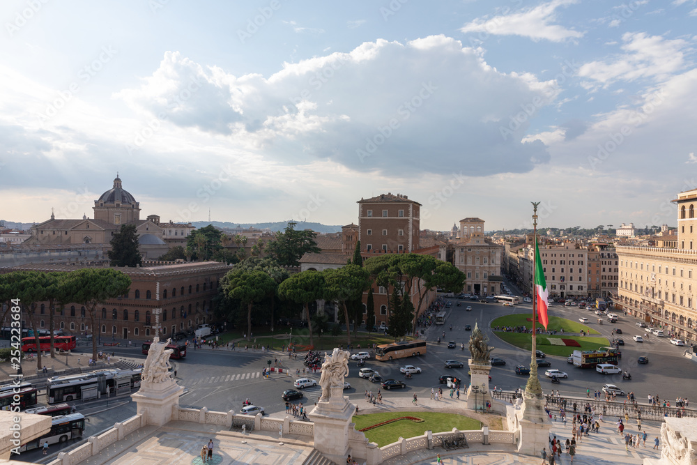 Panoramic view of Piazza Venezia and city from Vittorio Emanuele II (Vittoriano)