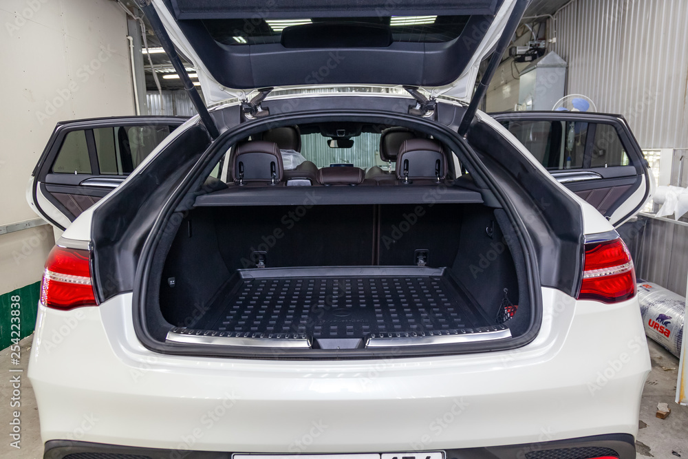 White luggage space in the body of the SUV hatchback with open rear doors and leather interior