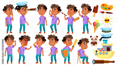 Arab, Muslim Boy Kindergarten Kid Poses Set Vector. Baby Expression. Preschooler. For Card, Advertisement, Greeting Design. Isolated Cartoon Illustration