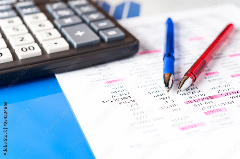 Business and financial background with data, pen and calculator. Bookkeeping background. Business and financial background with data, pen and calculator. Bookkeeping background.