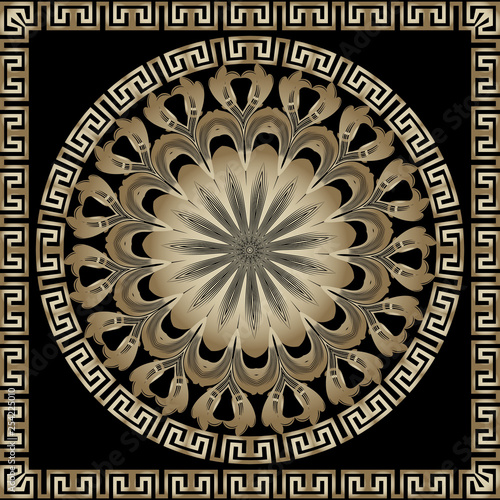 Ornamental vector round greek mandala pattern. Modern background. Geometric greek key meanders line art floral ornament with square frame. Gold flower. Elegance decorative vintage mandala design