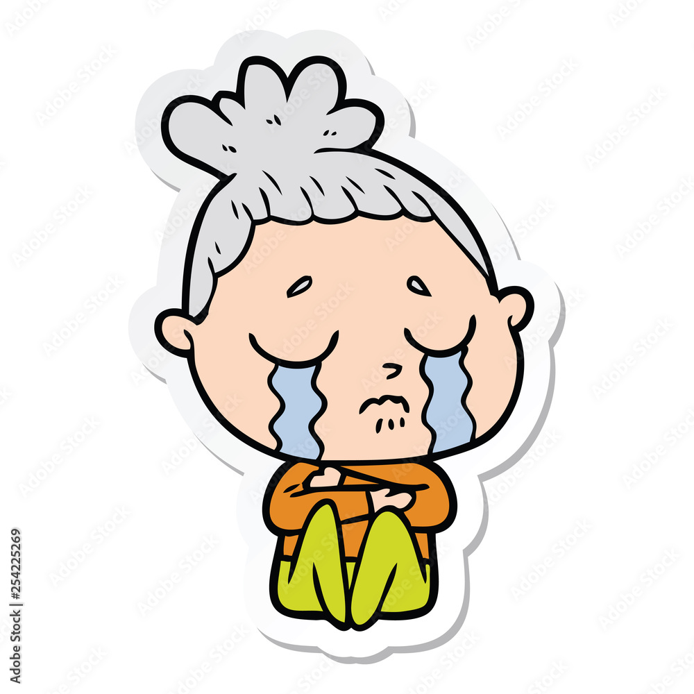 sticker of a cartoon crying woman hugged up sticker of a cartoon crying woman hugged up