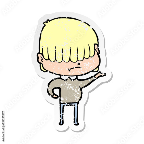 distressed sticker of a cartoon boy with untidy hair