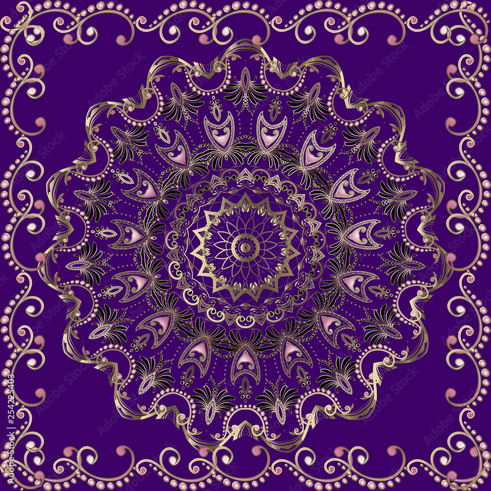Vintage floral gold Paisley vector seamless mandala pattern. Ornamental violet background with elegance frame. Pink paisley flowers ornament. Repeat backdrop. Round ornate mandala. Repeat backdrop.