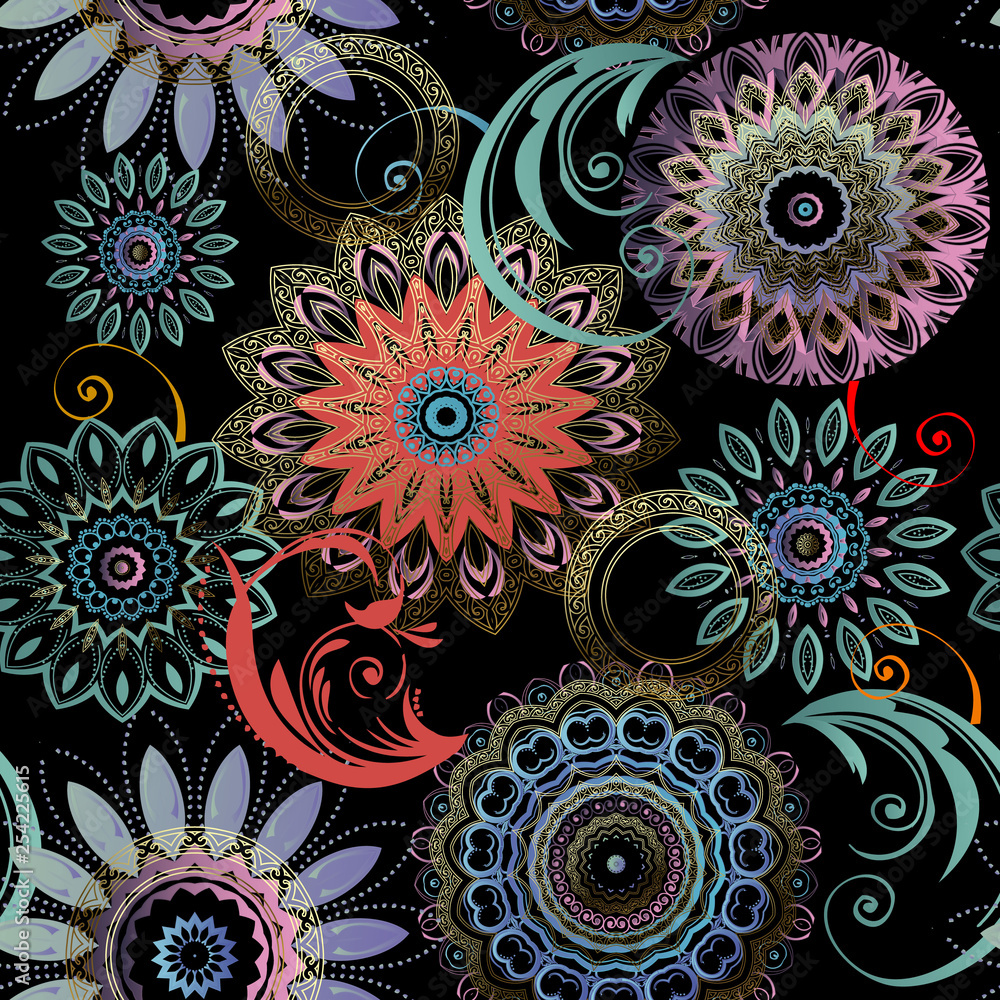 Floral seamless mandalas pattern. Elegance colorful patterned background.  Ethnic style lacy flowers, leaves. Round flourish mandala ornament. Repeat  ornate backdrop. Ornamental beautiful vector design Stock Vector | Adobe  Stock