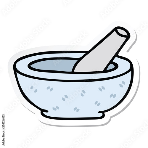 sticker of a quirky hand drawn cartoon pestle and mortar