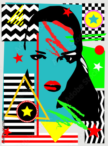 Pop art geometric abstract background with a girl silhouette, vector illustration