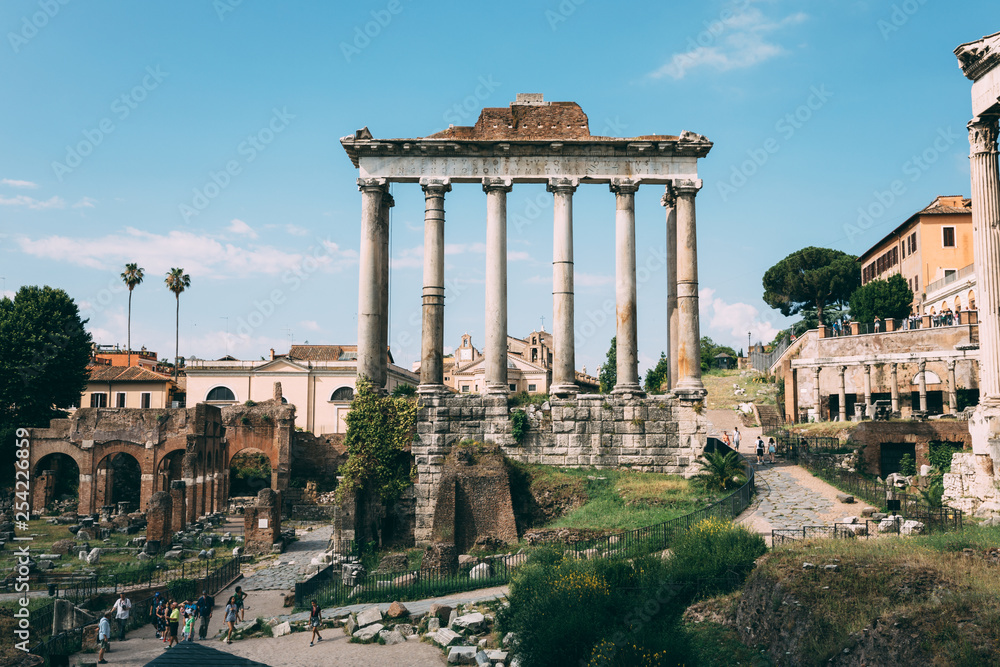 Panoramic view of temple of Vespasian and Titus is located in Rome