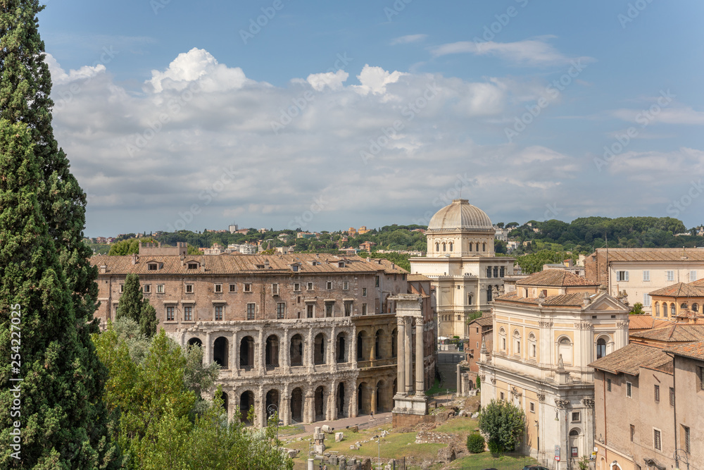 Panoramic view of city Rome with Roman forum and Theatre of Marcellus