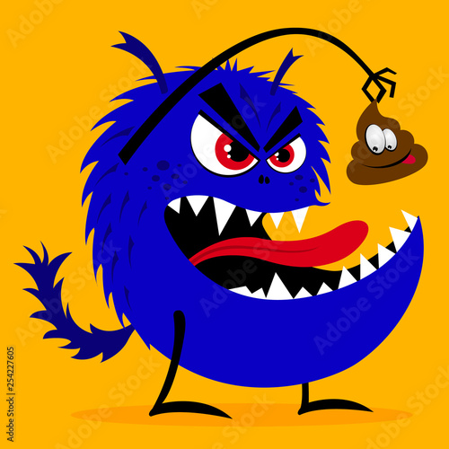 Scary blue monster with red eyes wants to eat funny shit, vector illustration