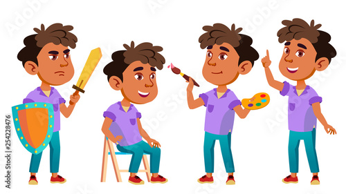 Arab, Muslim Boy Kindergarten Kid Poses Set Vector. Preschool, Childhood. Smile. Toys. For Web, Poster, Booklet Design. Isolated Cartoon Illustration