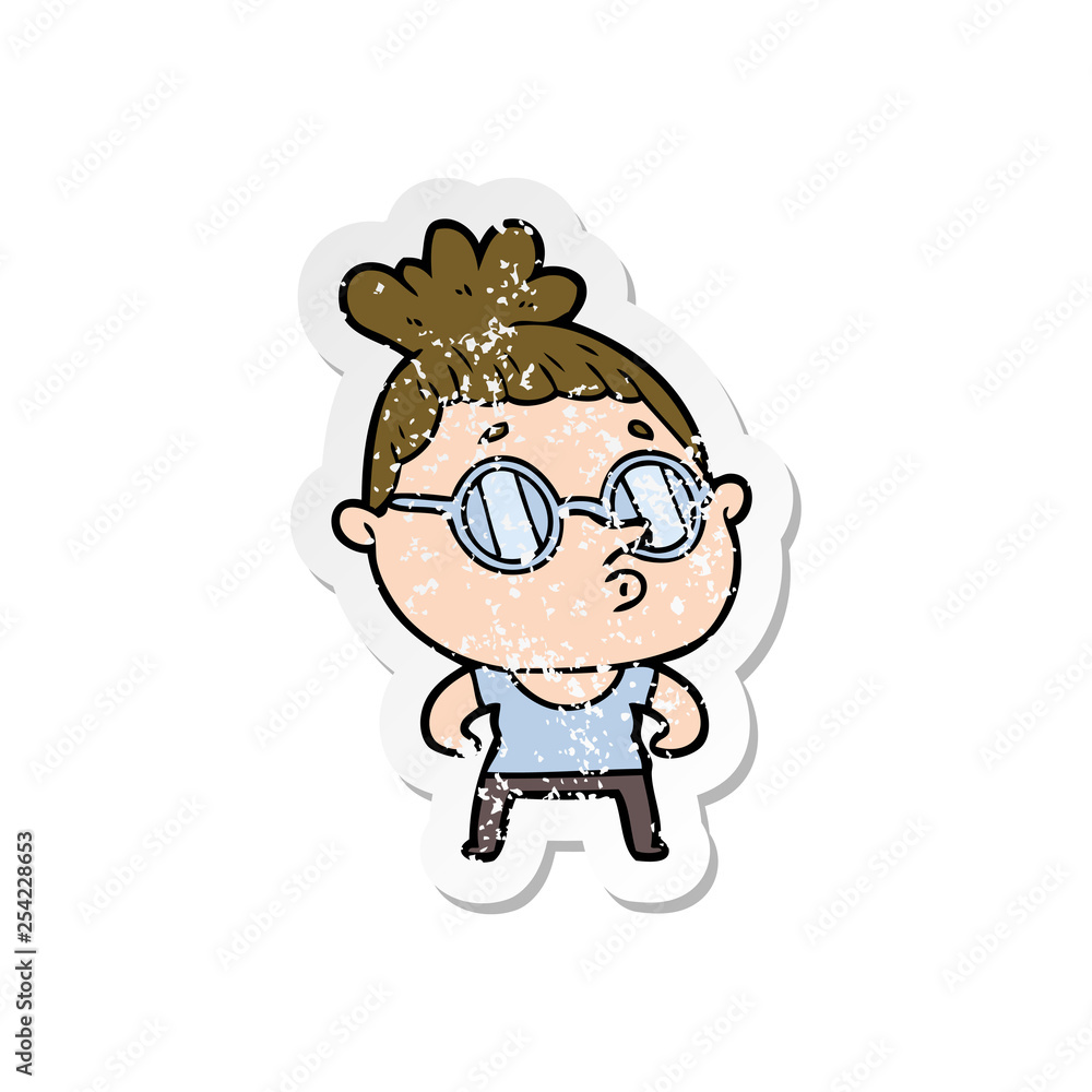 distressed sticker of a cartoon woman wearing glasses