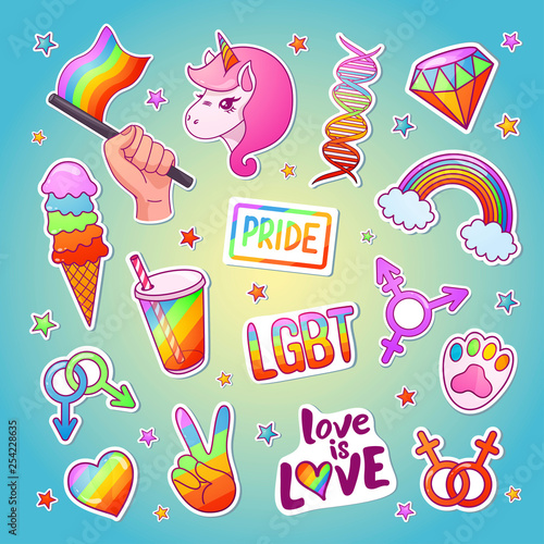 Lgbt bright sticker set with traditional emblems