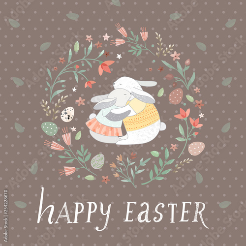 Happy easter!  cute vector illustration for a poster, card, invitation or banner. Congratulations on the holiday. Bunnies in a flower frame