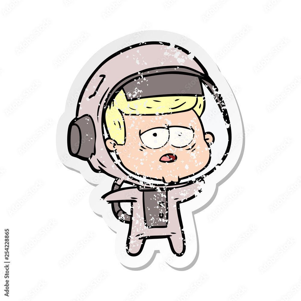 distressed sticker of a cartoon tired astronaut