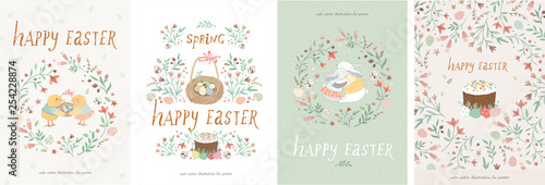 Happy easter! Set of cute vector illustrations for a poster, card, invitation or banner. Congratulations on the holiday.