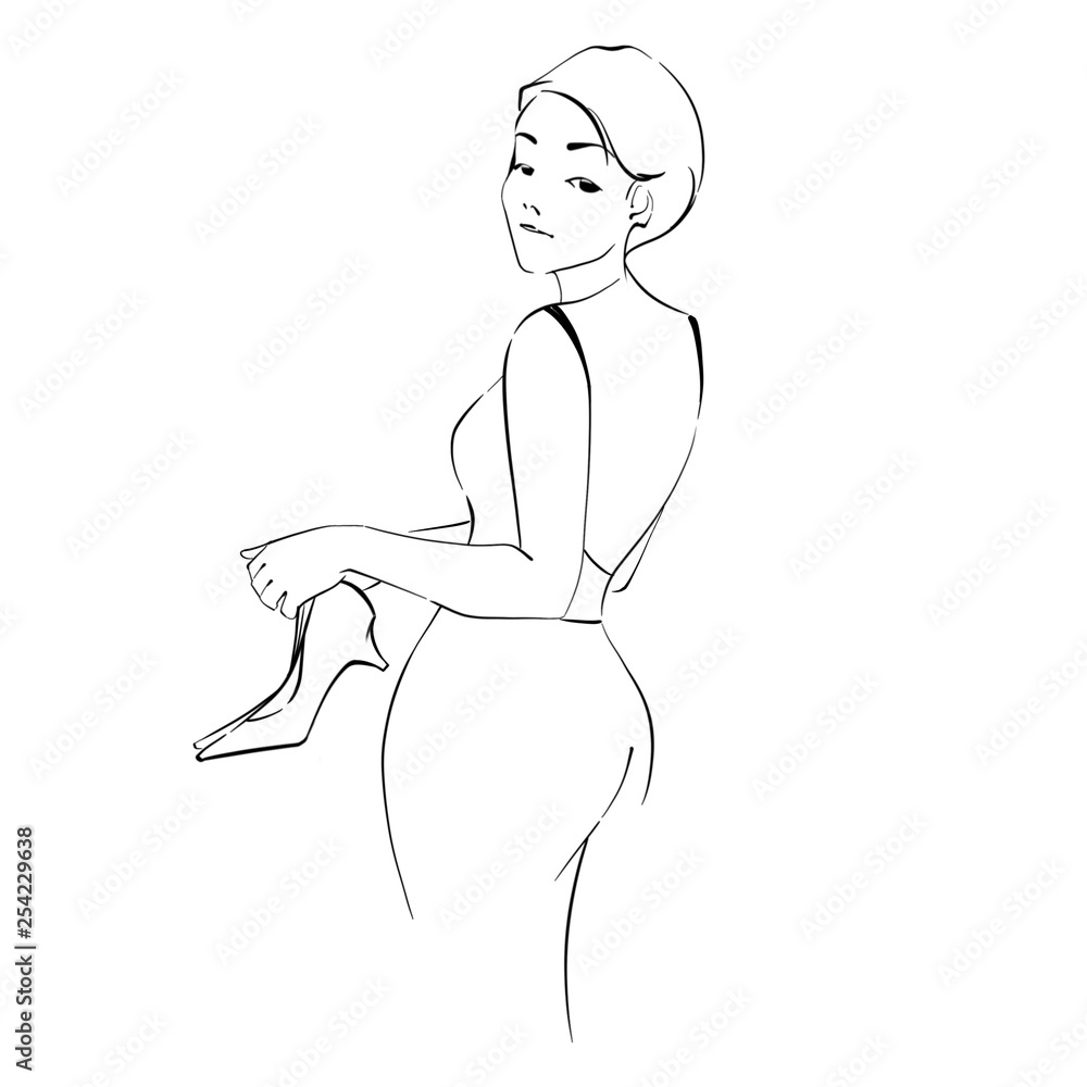 Black and white fashion sketch of a girl glancing through her shoulder Black and white fashion sketch of a girl glancing through her shoulder