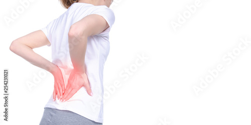 Woman back pain on white background isolation