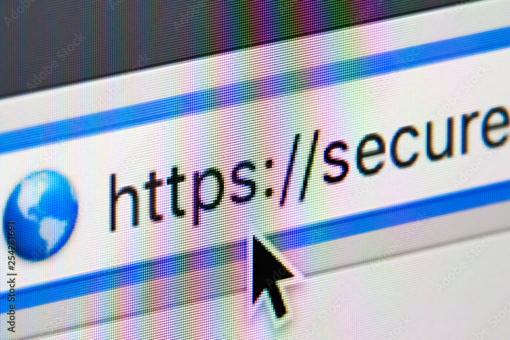 Secure website internet address in browser window. Close up of a computer screen.