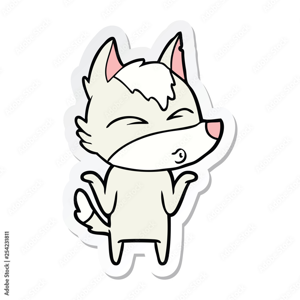 sticker of a cartoon wolf shrugging shoulders sticker of a cartoon wolf shrugging shoulders