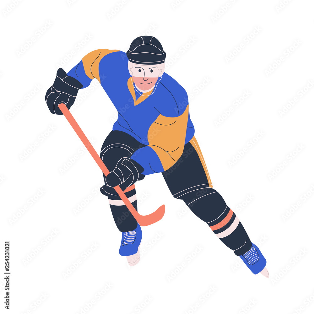 Ice hockey adult male player as forward or defensemen. Isolated flat