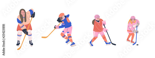 Ice hockey vector colorful collection with young and adult female players. Flat trendy cliparts. Isolated cartoon  illustrations