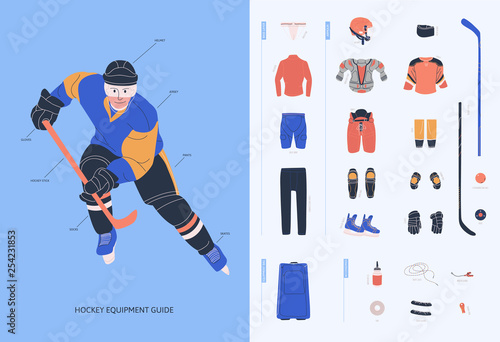 Ice hockey equipment guide for adult male player. Isolated flat vector illustration.  