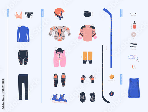 Ice hockey vector colorful collection with female hockey equipment such as under armour clothes, armour, helmet, accesorries, stick, puck and so on
