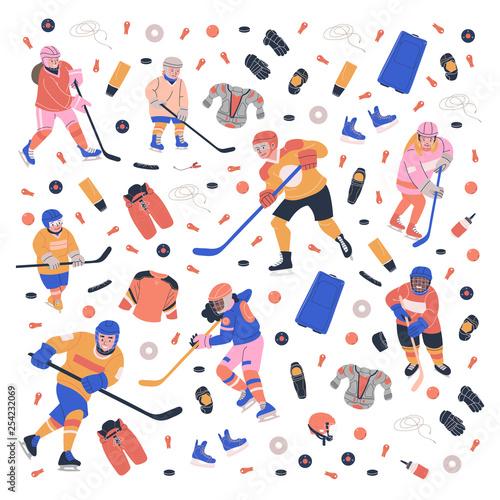 Square concept illustration with young ice hockey players, equipment and accessories. Flat vector art for your project