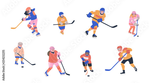 Happy children playing ice hockey