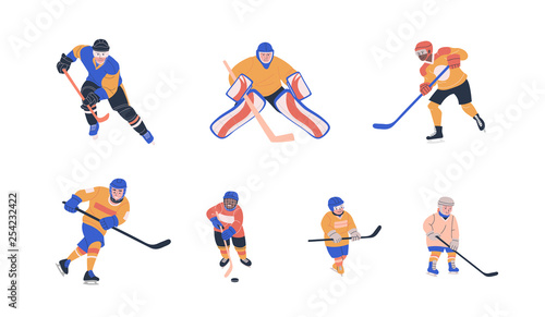 Ice hockey vector colorful collection with young and adult male players. Flat trendy cliparts. Isolated cartoon illustrations
