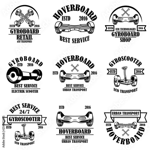 Set of gyroboard service, store, repair emblems. Design element for logo, label, sign.