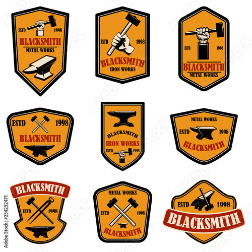 Set of blacksmith and iron works emblems. Design element for logo, label, sign, poster, t shirt.