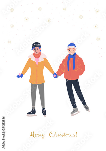 Xmas greeting card with smiling lgbt gay couple holding hands. Men dressed in winter clothes and skates.Vector illustration with golden snowflakes and text "Merry Christmas"