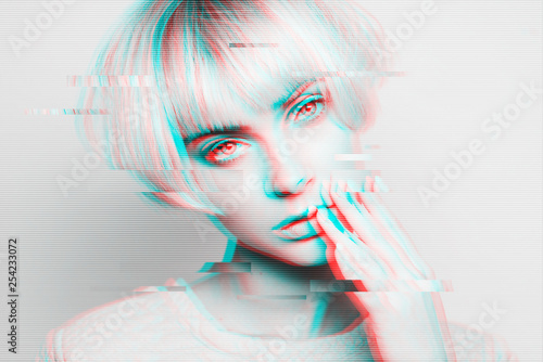 Print op canvas Portrait of attractive woman with glitch effect