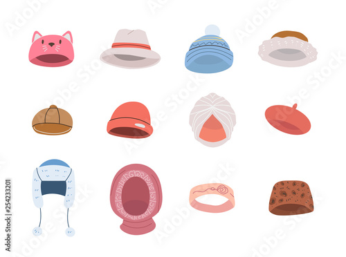 Collection of cute hats for cold winter weather such as beanie,hoodie,cap,beret,feodora and so on. Vector set in cartoon style. Isolated objects on white background.