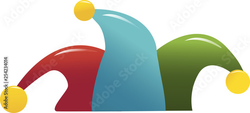 multicolored foolscap. red, blue and green with yellow bells.