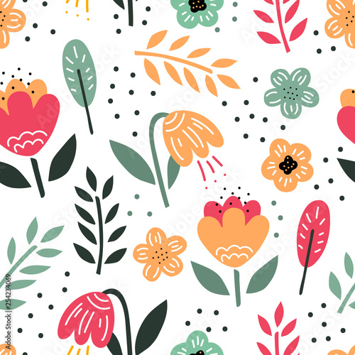 Floral seamless pattern for print, fabric, wallpaper. Modern hand drawn flowers background.