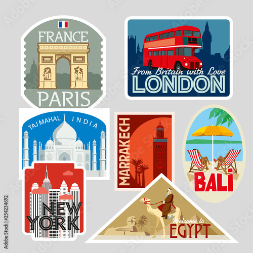 A set of various tourist greeting cards. Cities of the world. Vector illustration