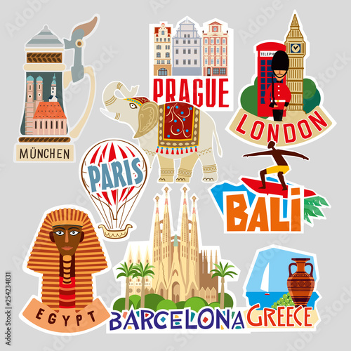 Set of travel stickers. Different countries and cities. Vector illustration
