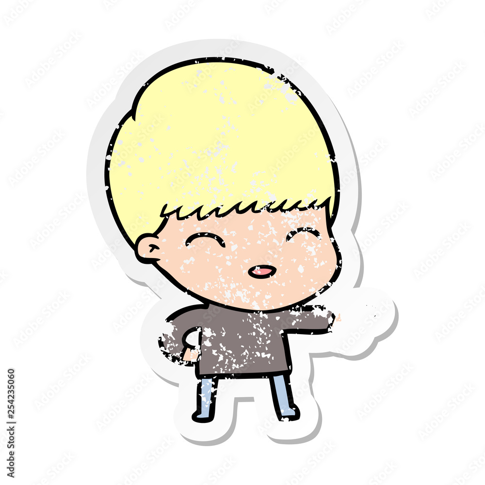 distressed sticker of a happy cartoon boy distressed sticker of a happy cartoon boy