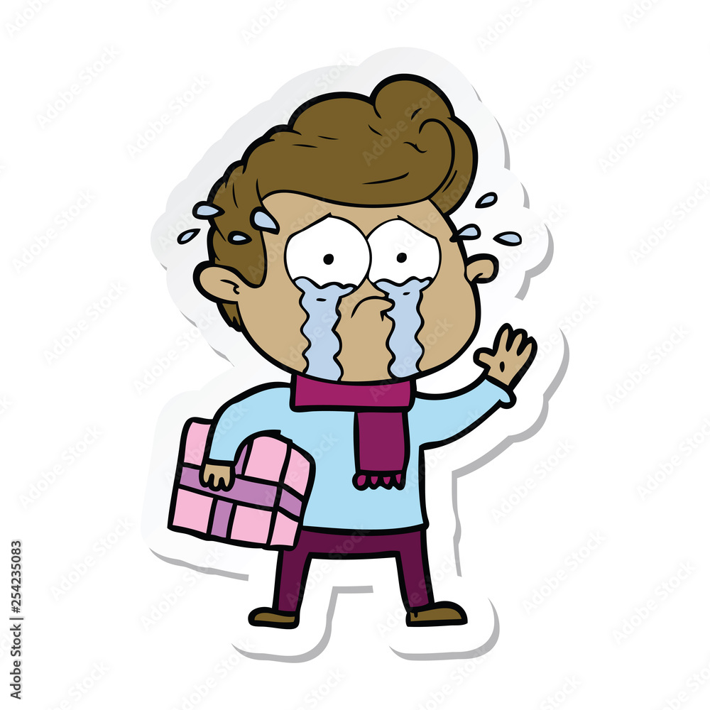 sticker of a cartoon crying man with present sticker of a cartoon crying man with present