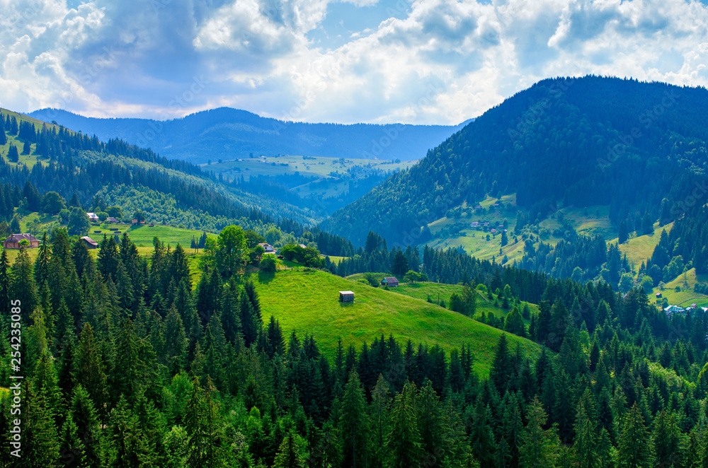 beautiful mountain landscape, meadow with a hut among the trees