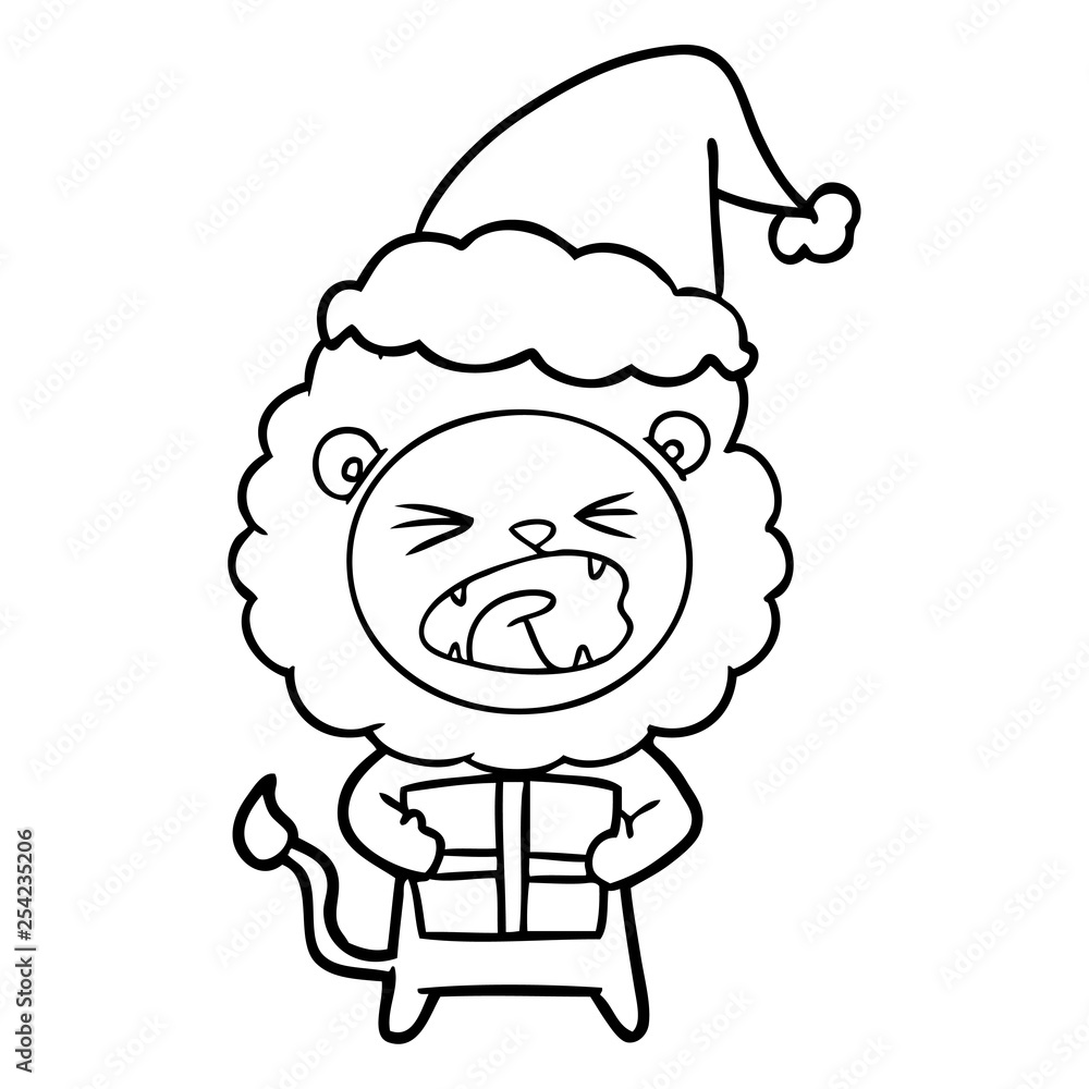 line drawing of a lion with christmas present wearing santa hat