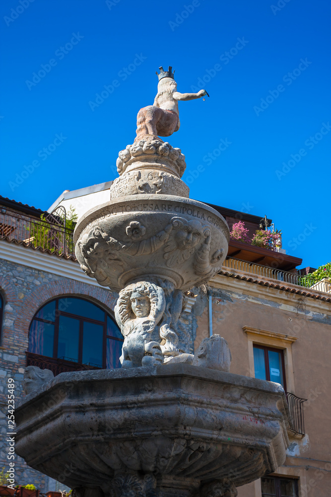 Sculpture in front of cathedral San Nicola in Taormina, Sicily