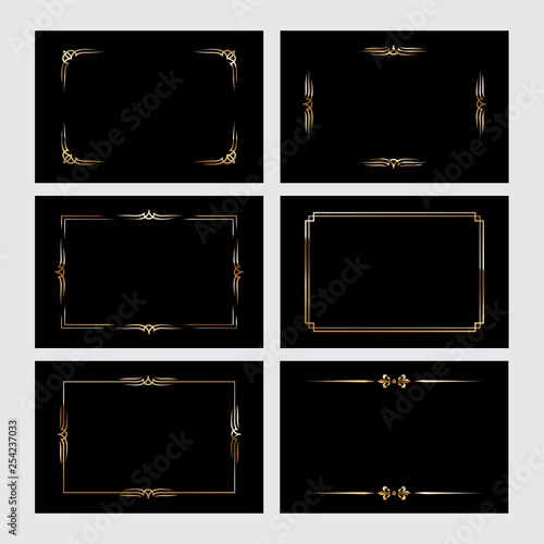 Golden shiny retro frame set isolated on black background. Vector vintage design elements.