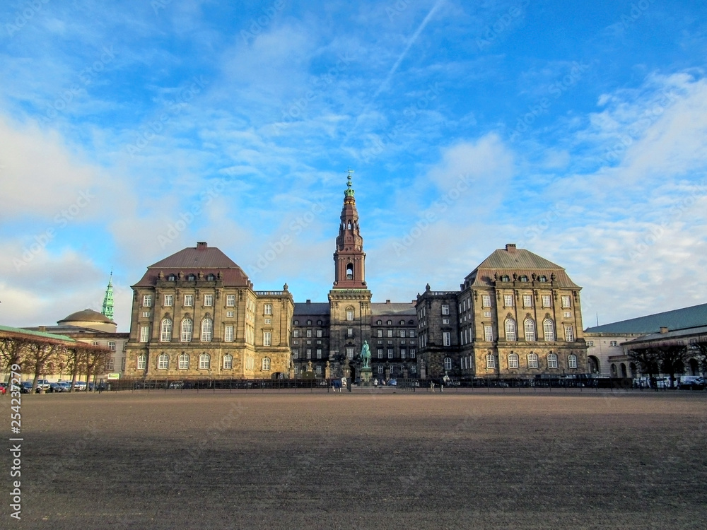 Christiansborg Palace and government building on the islet of Slotsholmen in central Copenhagen, Denmark