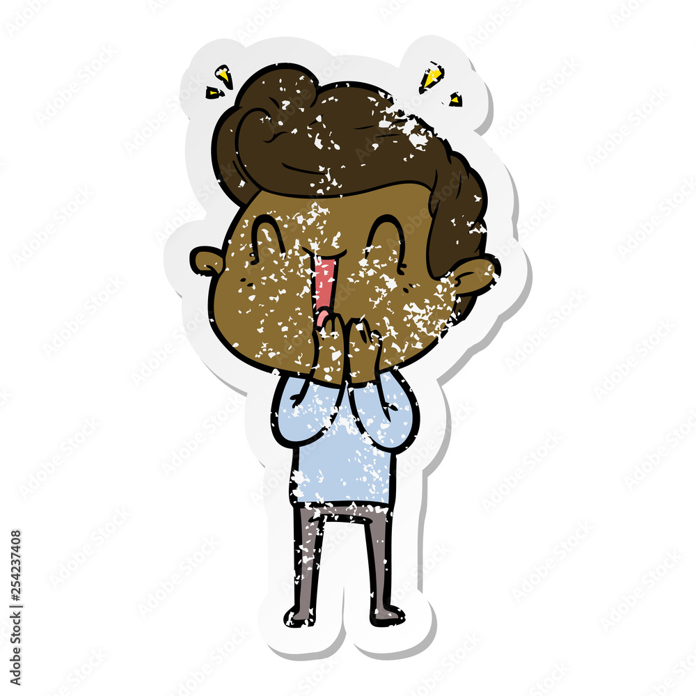 distressed sticker of a cartoon excited man distressed sticker of a cartoon excited man