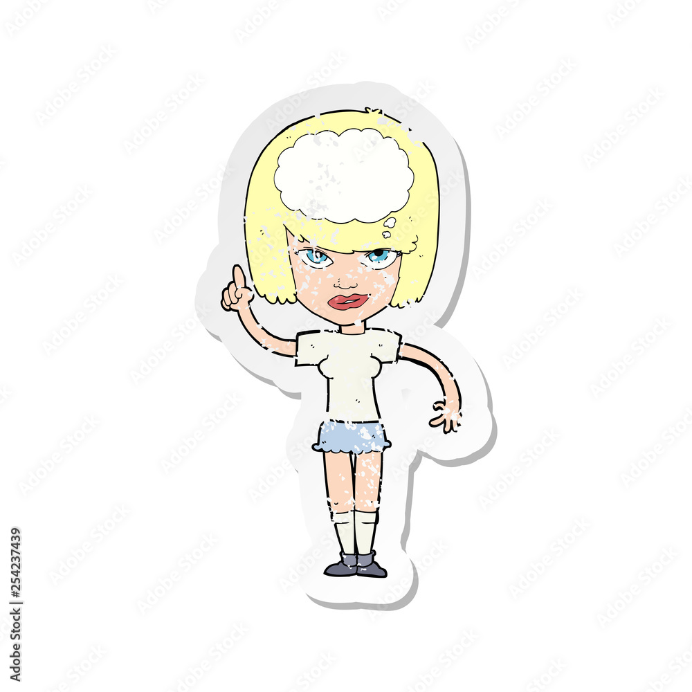 retro distressed sticker of a cartoon woman with idea retro distressed sticker of a cartoon woman with idea