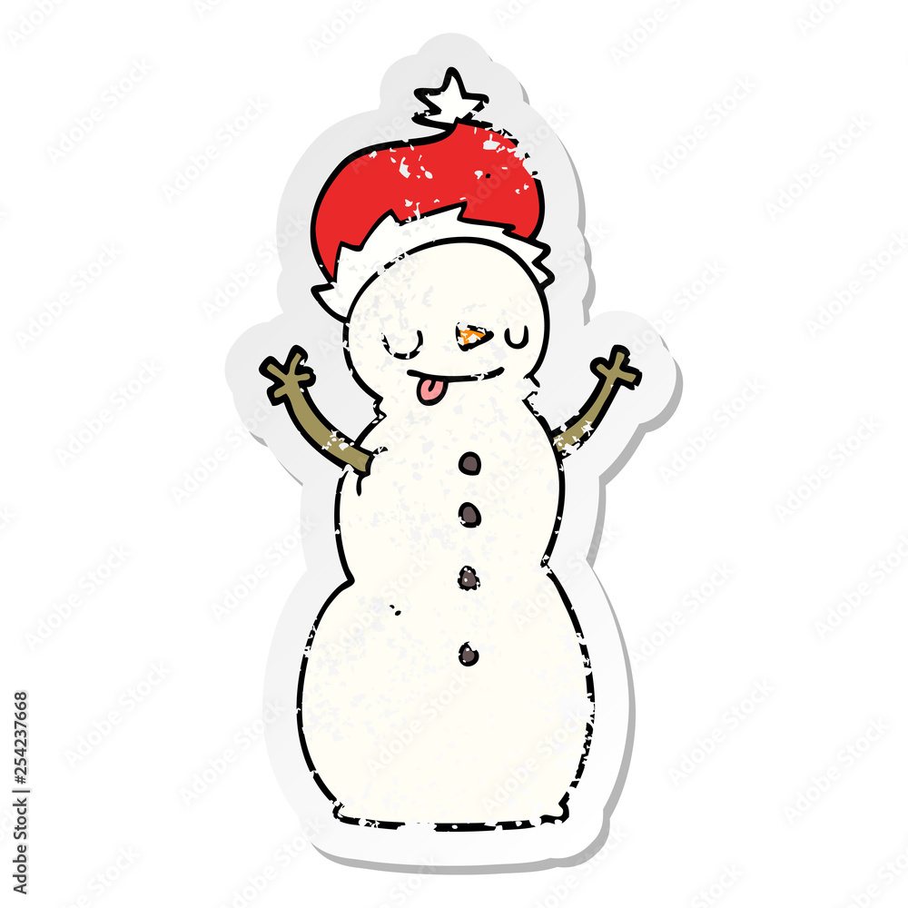 distressed sticker of a cartoon christmas snowman